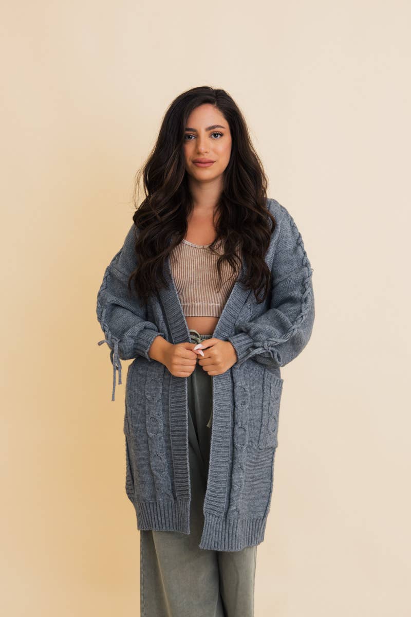 Cozy Gray Cable Knit Oversized Cardigan w/ Adjustable Sleeves