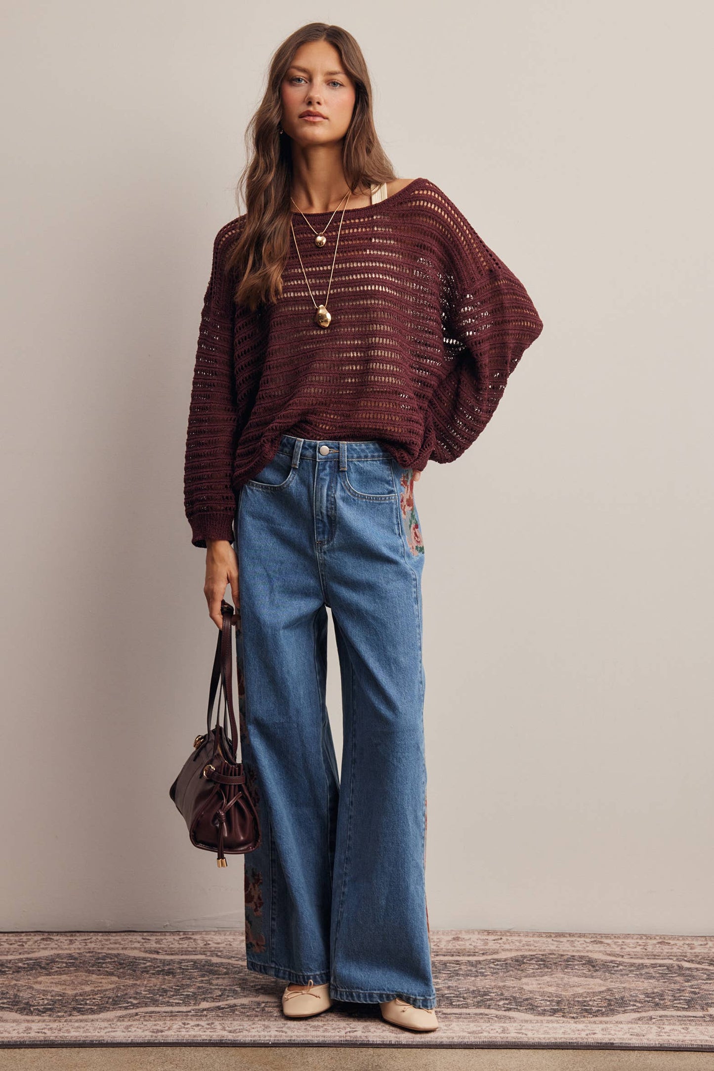 Open-Knit Stripe Sweater in Burgundy
