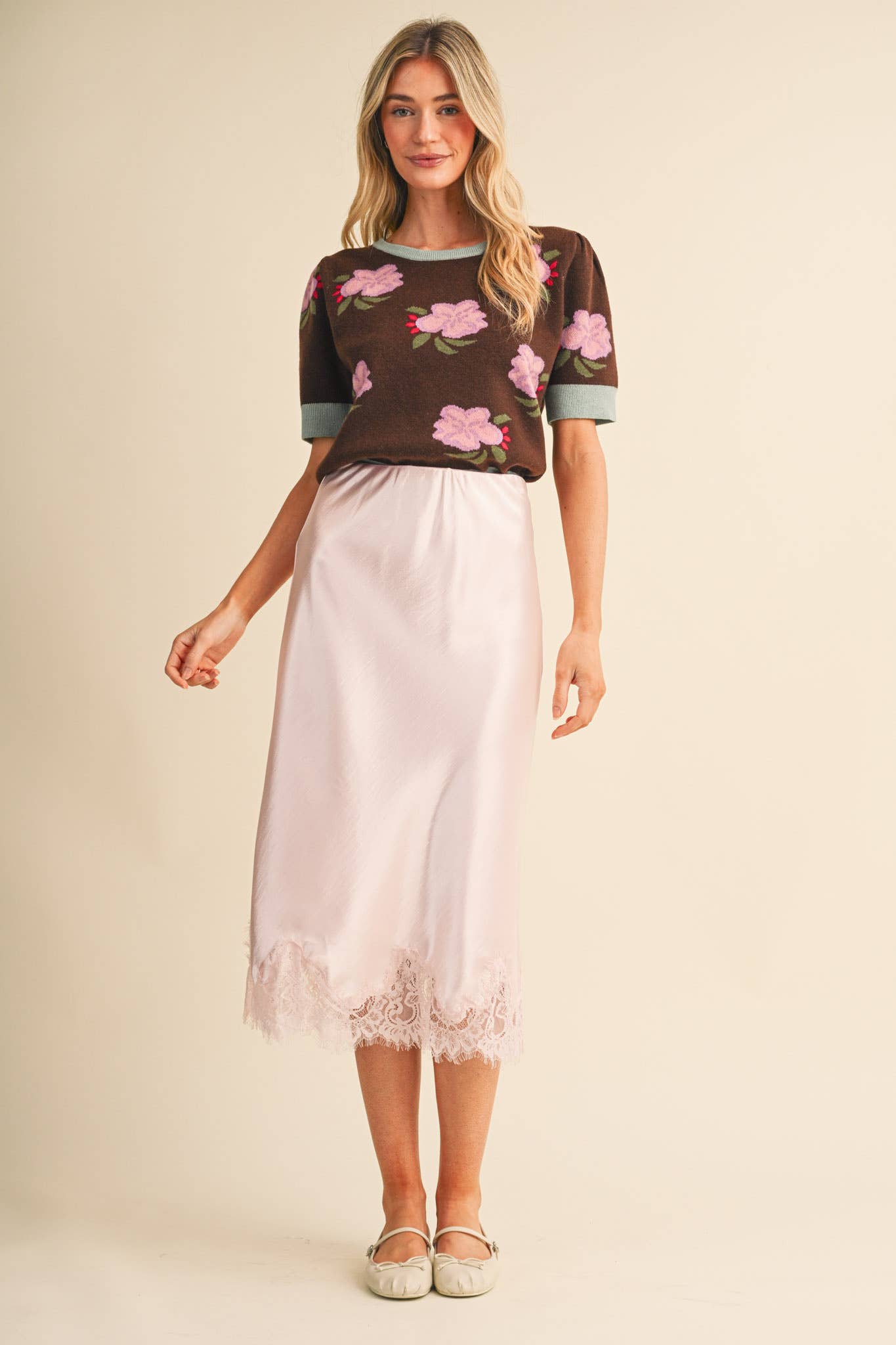 SATIN MIDI SLIP SKIRT WITH LACE HEM