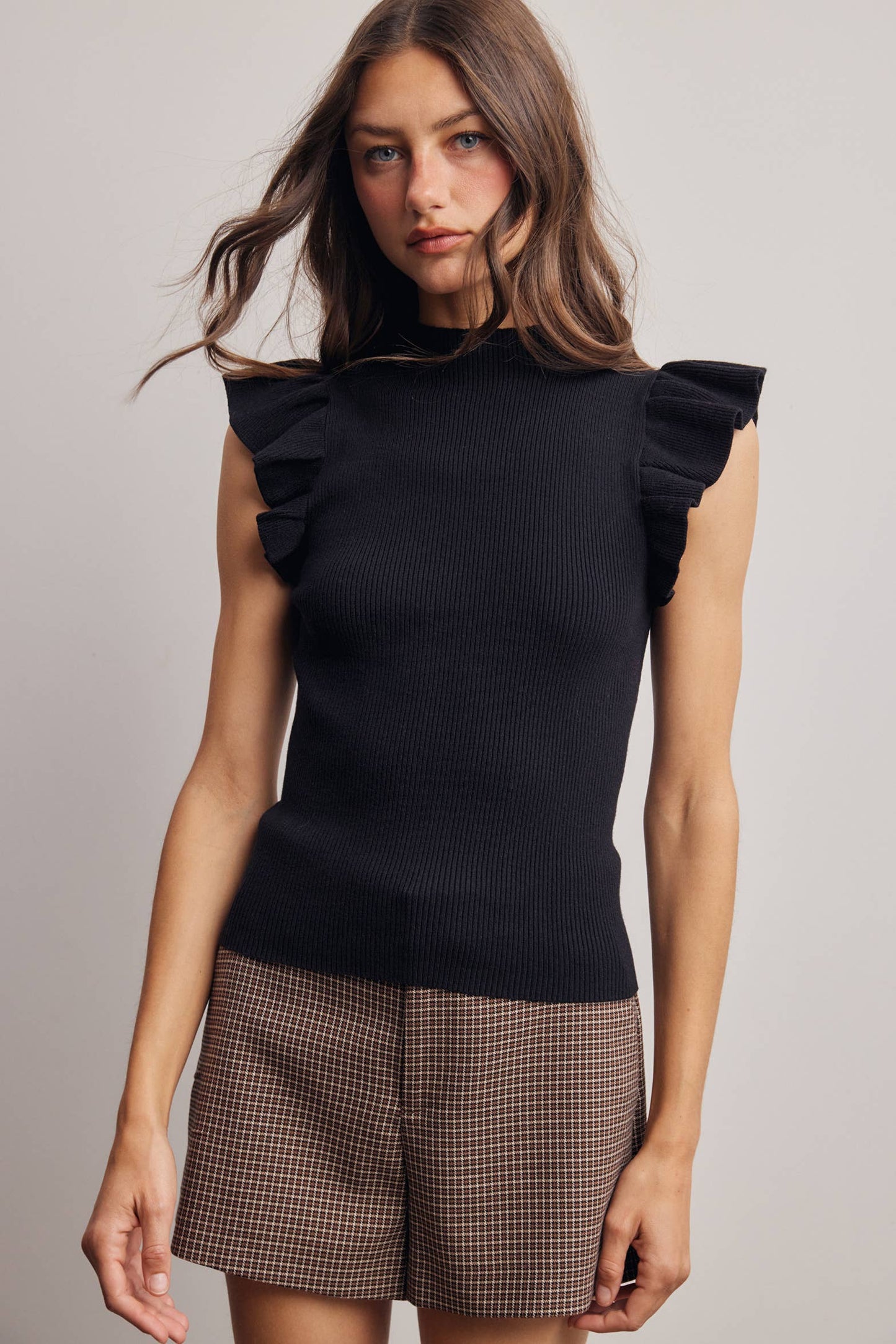 Ruffle Sleeve Rib Knit Top