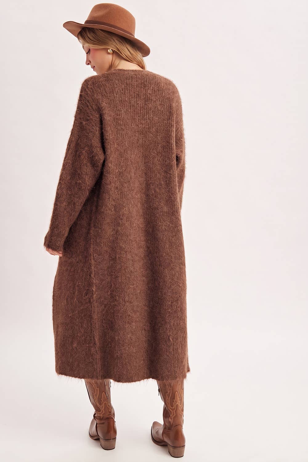 OPEN FRONT LONGLINE FUZZY KNIT SWEATER CARDIGAN in Taupe