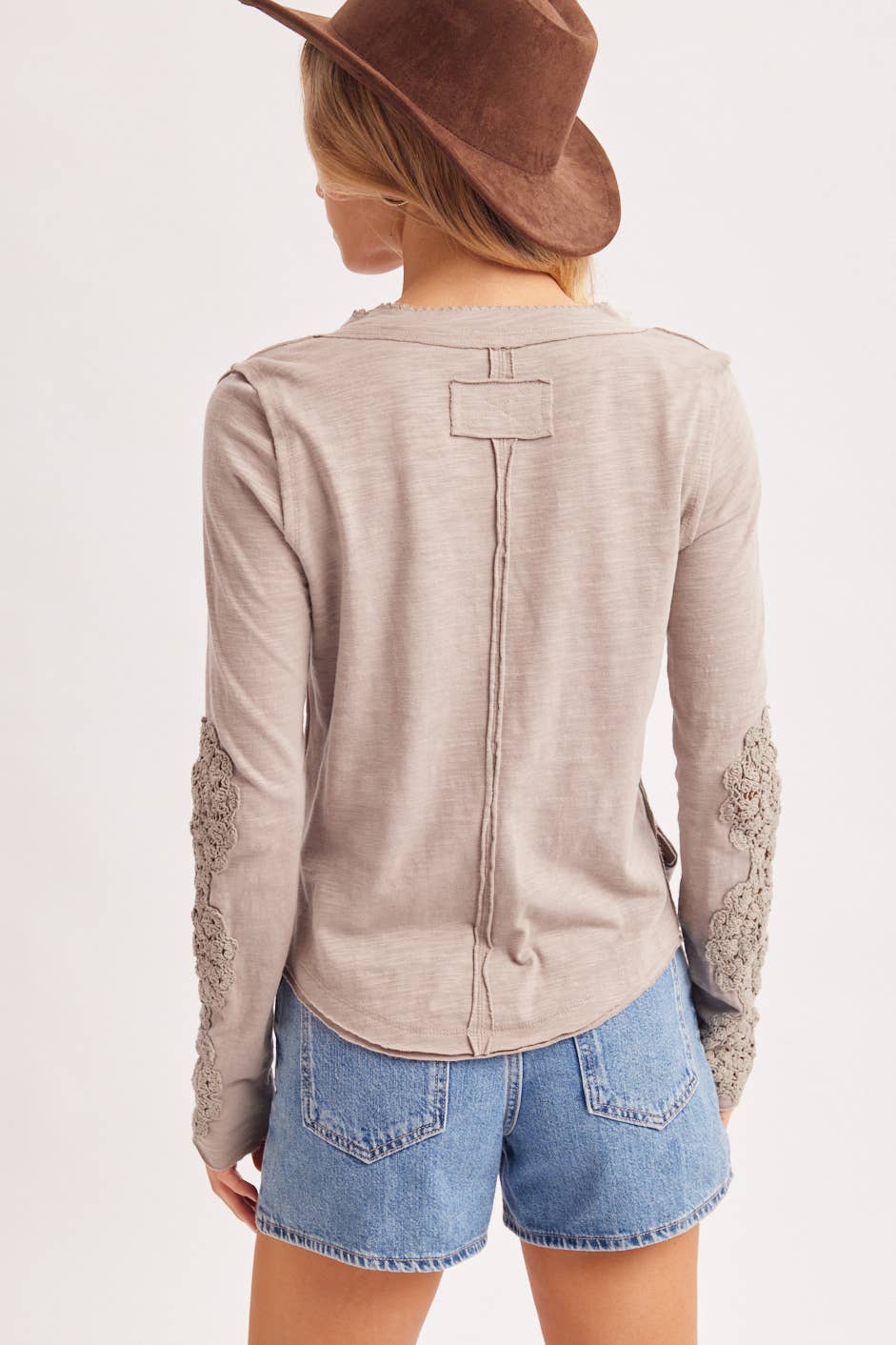 BLACK CROCHET PATCH SLEEVED HALF BUTTON ROUND NECK TOP