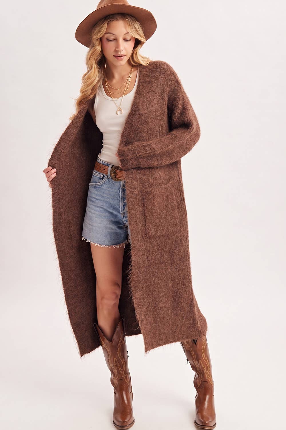 OPEN FRONT LONGLINE FUZZY KNIT SWEATER CARDIGAN in Taupe