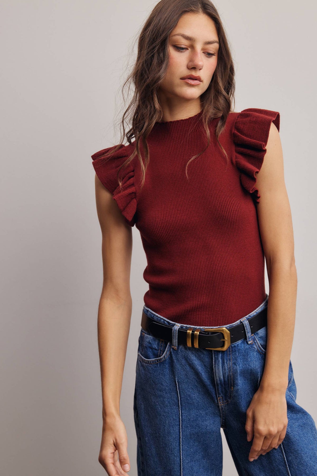 Ruffle Sleeve Rib Knit Top