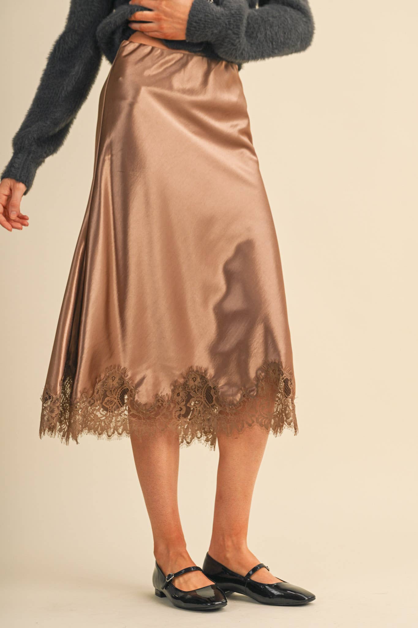 SATIN MIDI SLIP SKIRT WITH LACE HEM