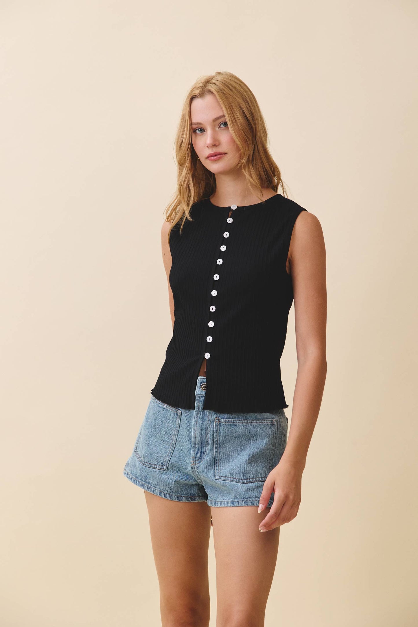 Ribbed Button Front Tank Top