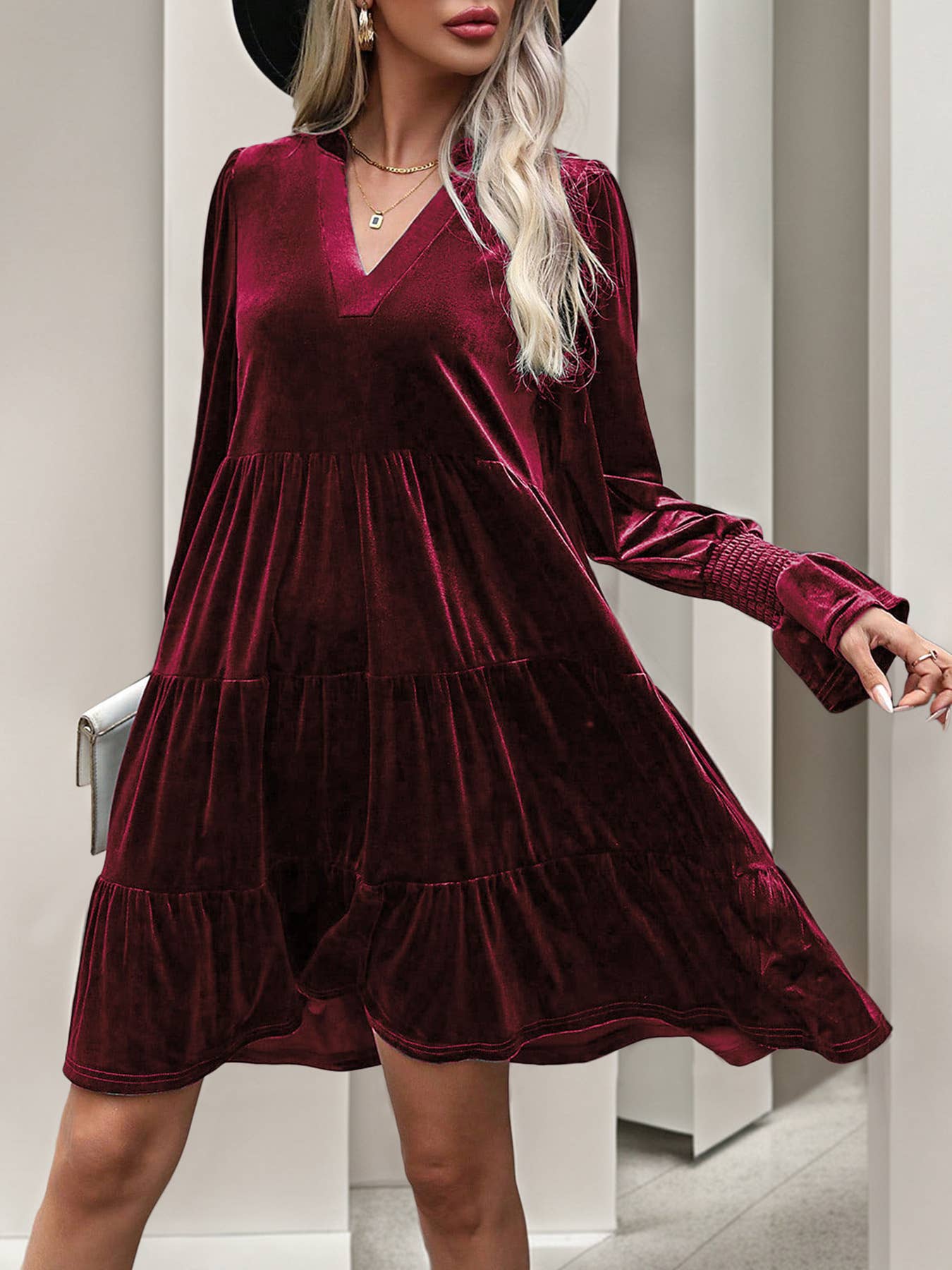 Elegant Velvet Dress-Wine