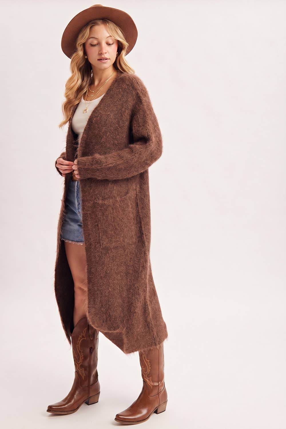 OPEN FRONT LONGLINE FUZZY KNIT SWEATER CARDIGAN in Taupe
