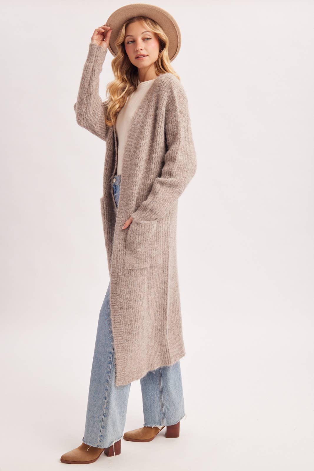 OPEN FRONT LONGLINE FUZZY KNIT SWEATER CARDIGAN in Taupe