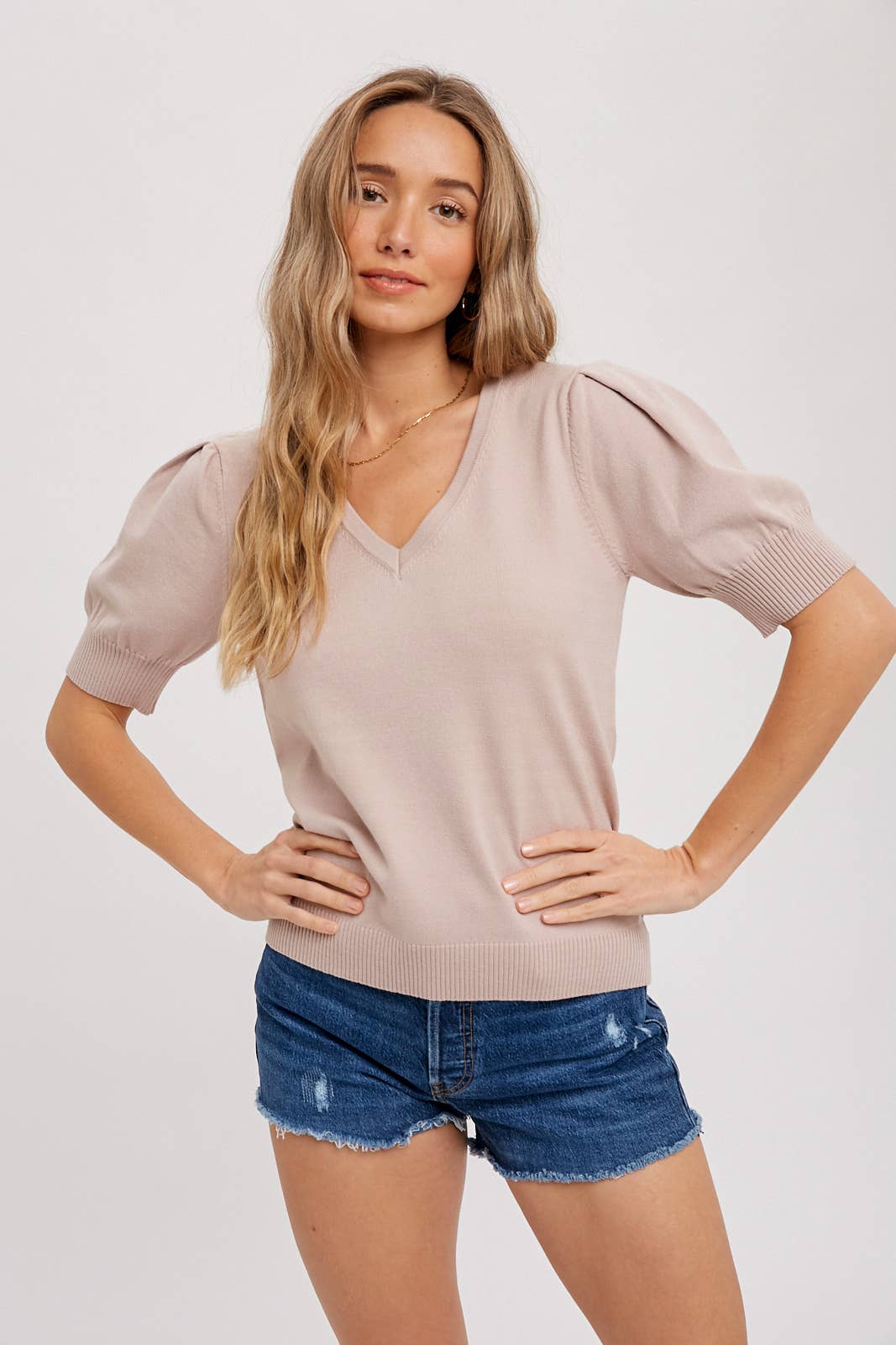 V-Neck puff sleeve lightweight sweater