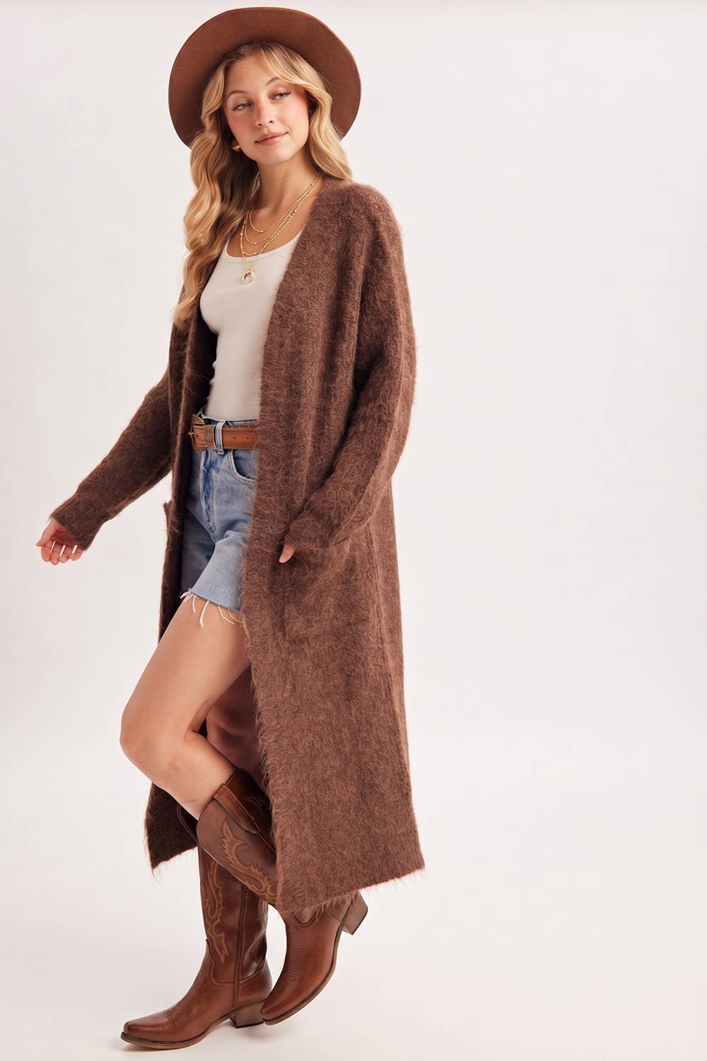 OPEN FRONT LONGLINE FUZZY KNIT SWEATER CARDIGAN in Taupe