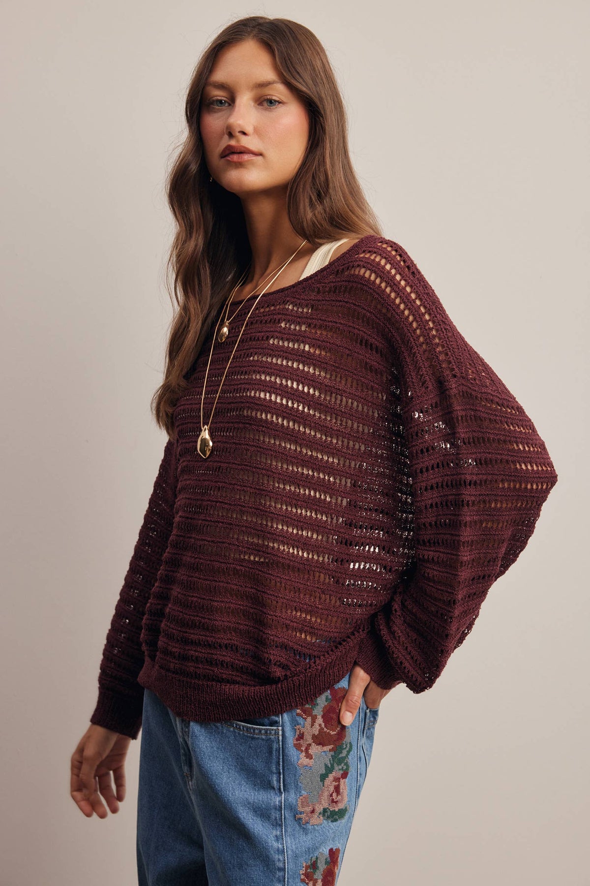 Open-Knit Stripe Sweater in Burgundy