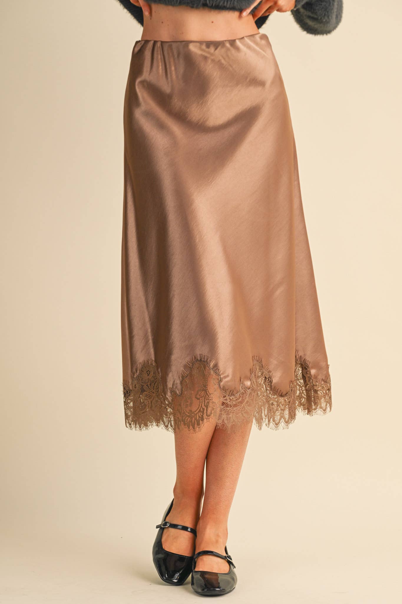 SATIN MIDI SLIP SKIRT WITH LACE HEM