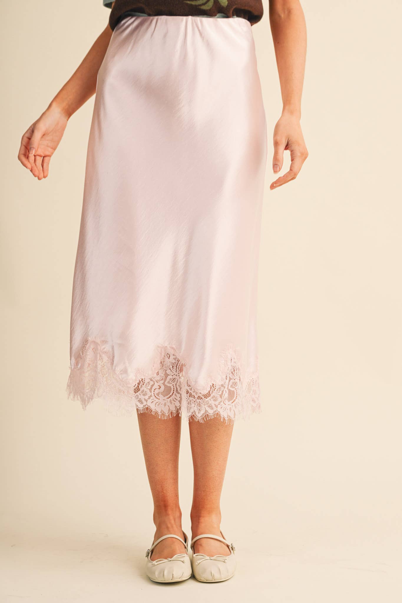 SATIN MIDI SLIP SKIRT WITH LACE HEM