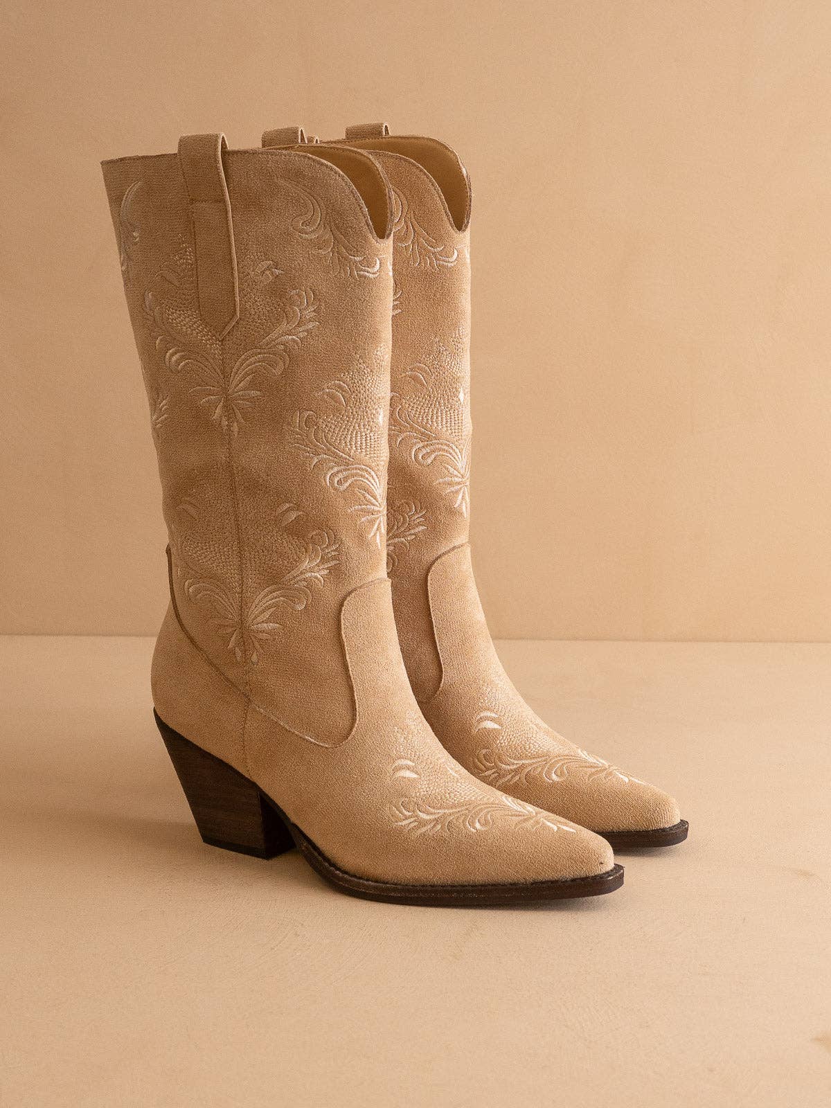 The Kamilla | Almond Suede Cowboy Boot with Embroidery in Almond