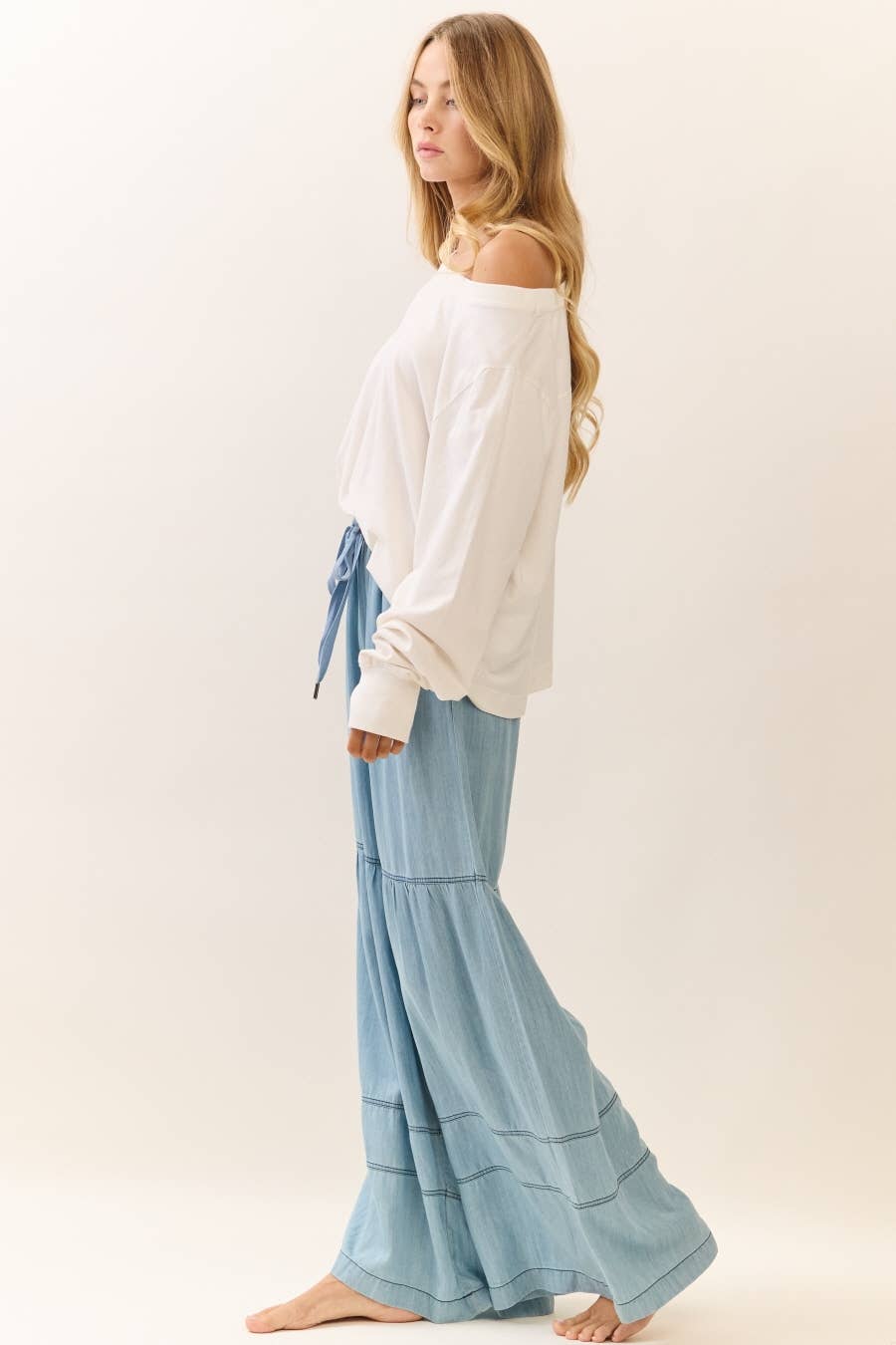 Washed Denim Tiered Wide Leg Pants