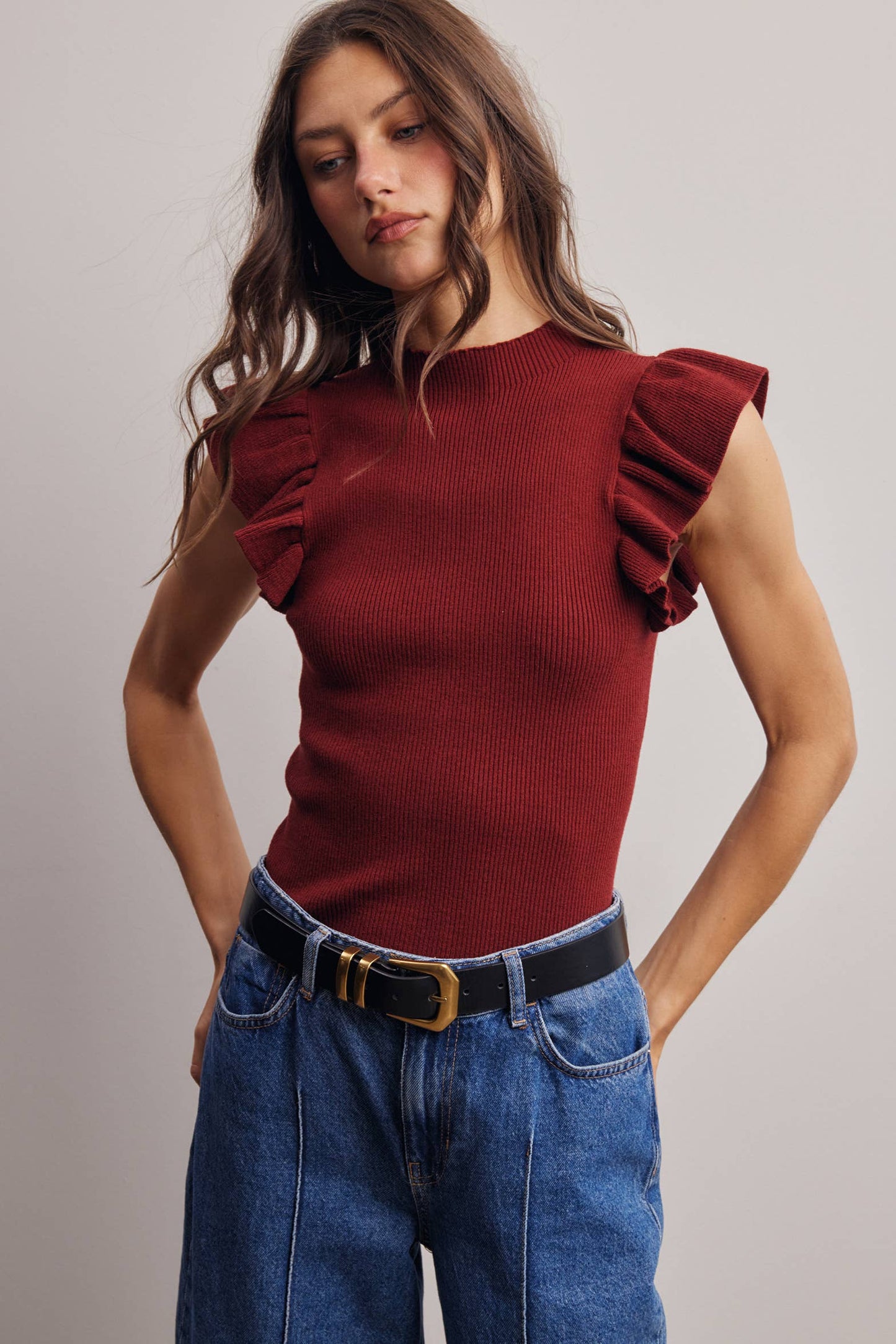 Ruffle Sleeve Rib Knit Top