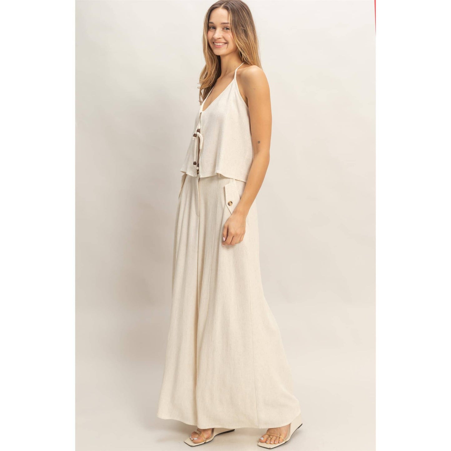 Wide-Leg Flap Pocket Pants: OATMEAL