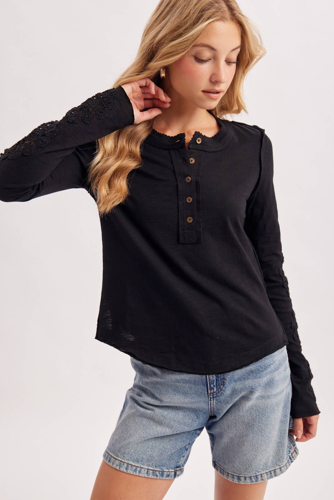 BLACK CROCHET PATCH SLEEVED HALF BUTTON ROUND NECK TOP