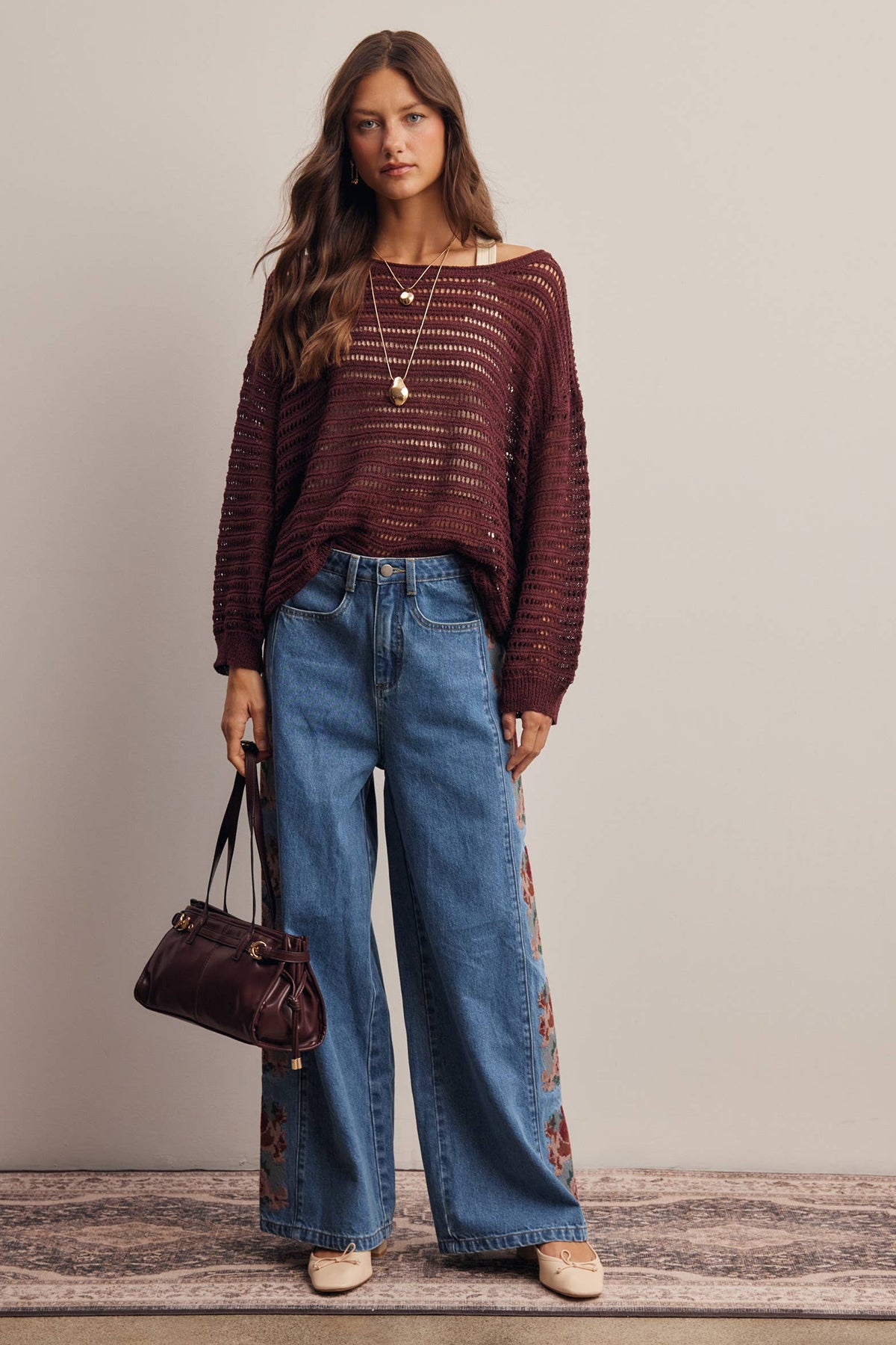 Open-Knit Stripe Sweater in Burgundy