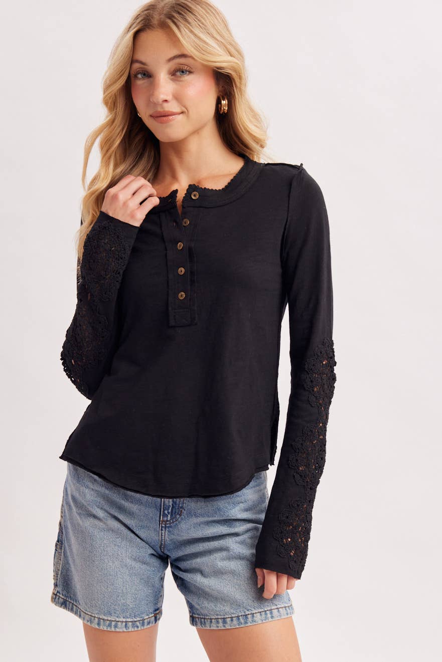 BLACK CROCHET PATCH SLEEVED HALF BUTTON ROUND NECK TOP