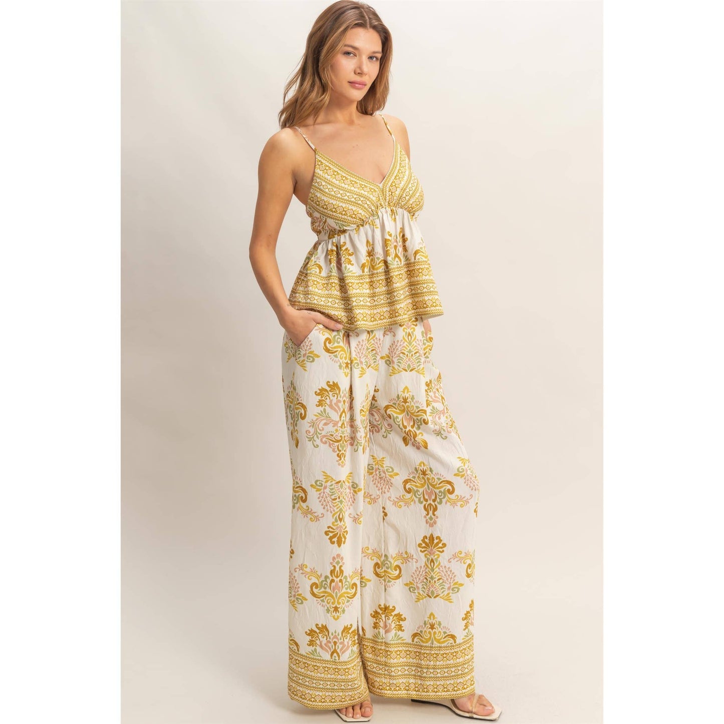 Wide-Leg Printed Palazzo Pants: MUSTARD