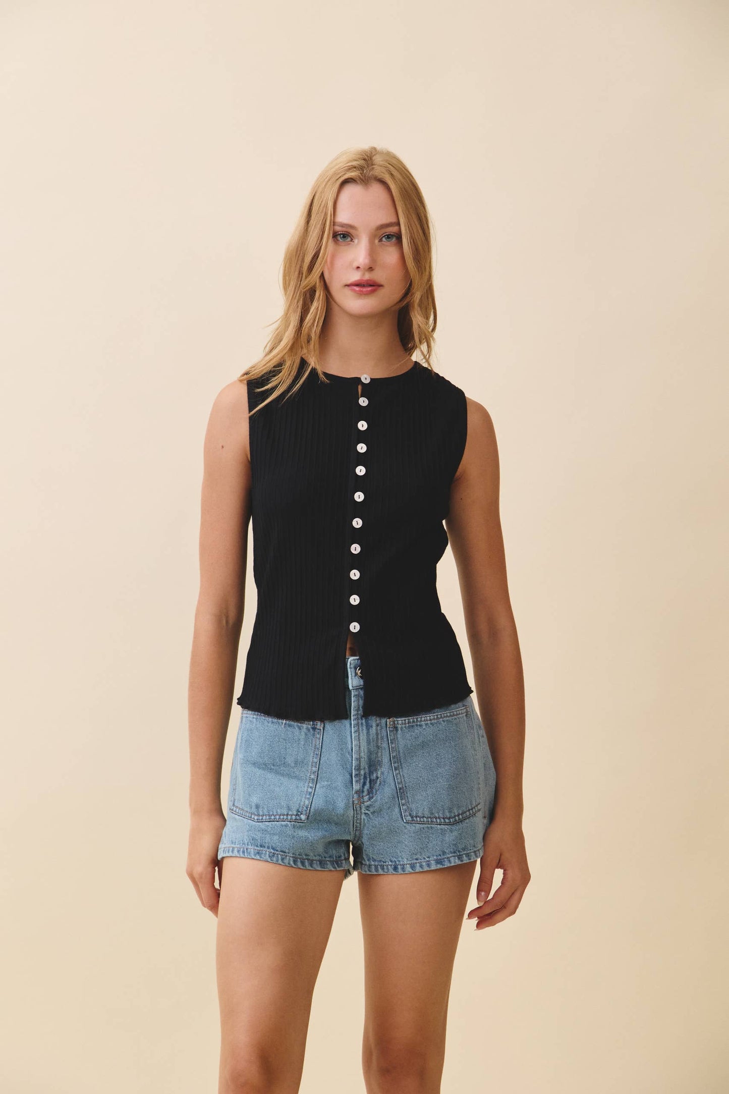 Ribbed Button Front Tank Top