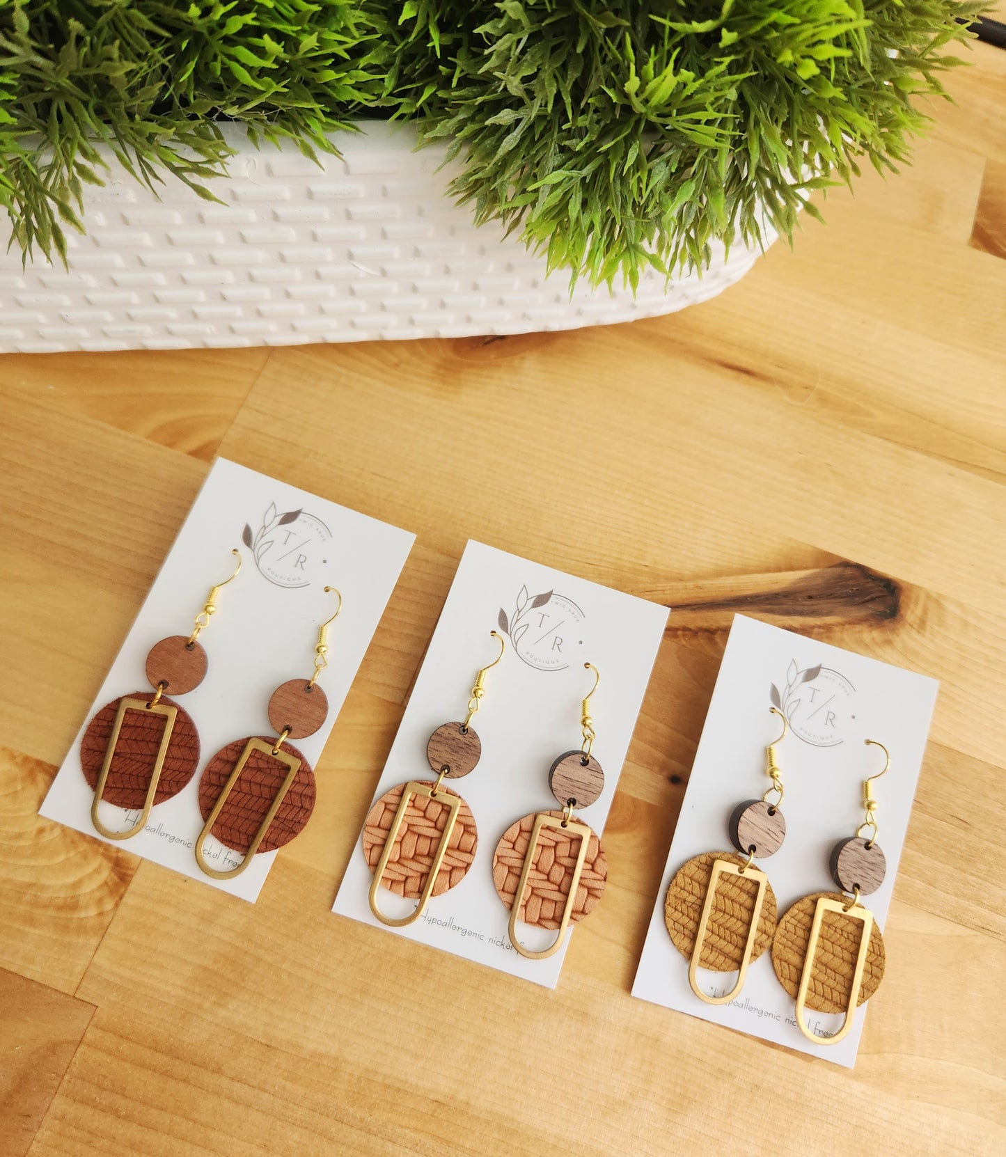 Blake| Leather circle earrings with wood and brass