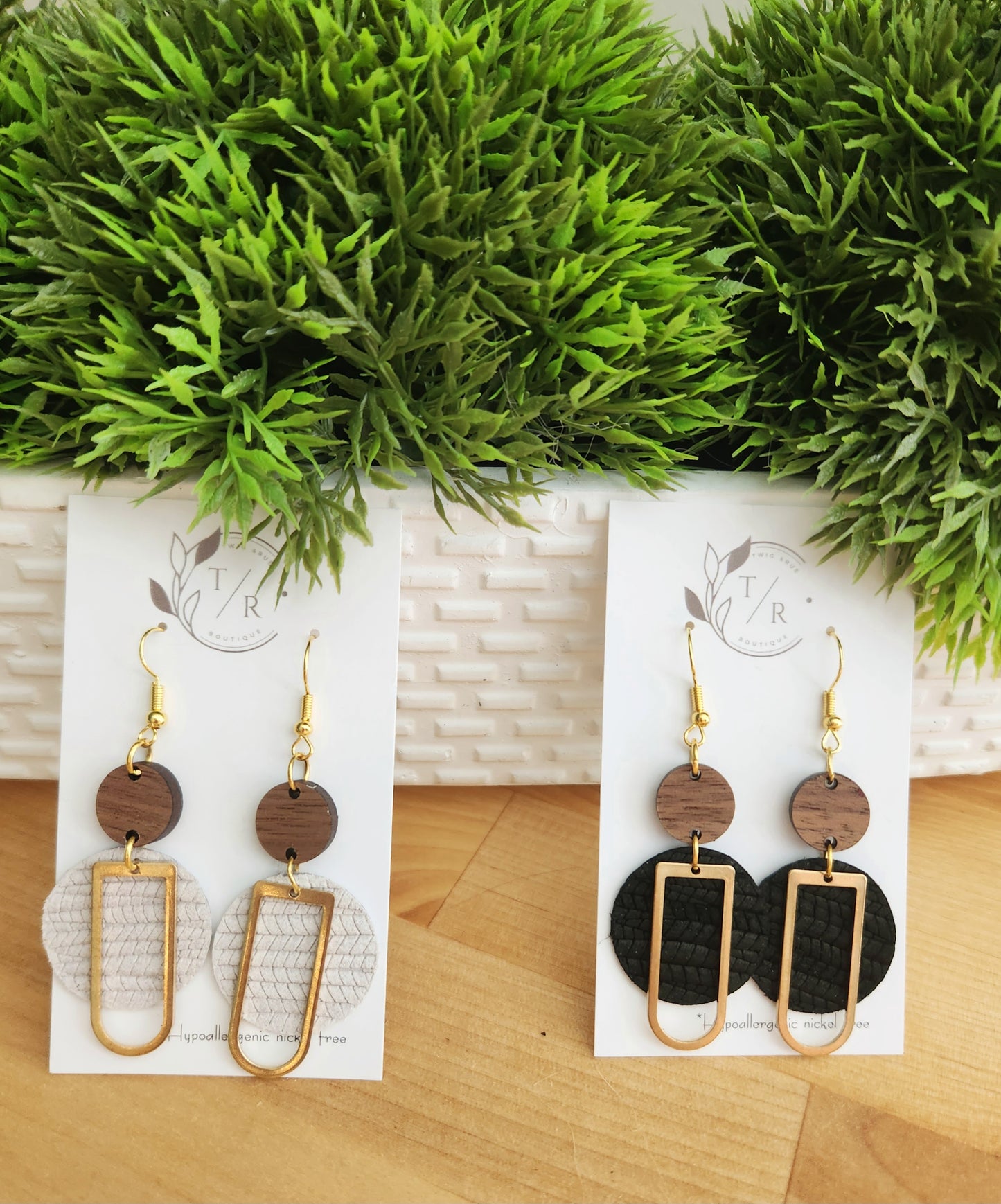 Blake| Leather circle earrings with wood and brass