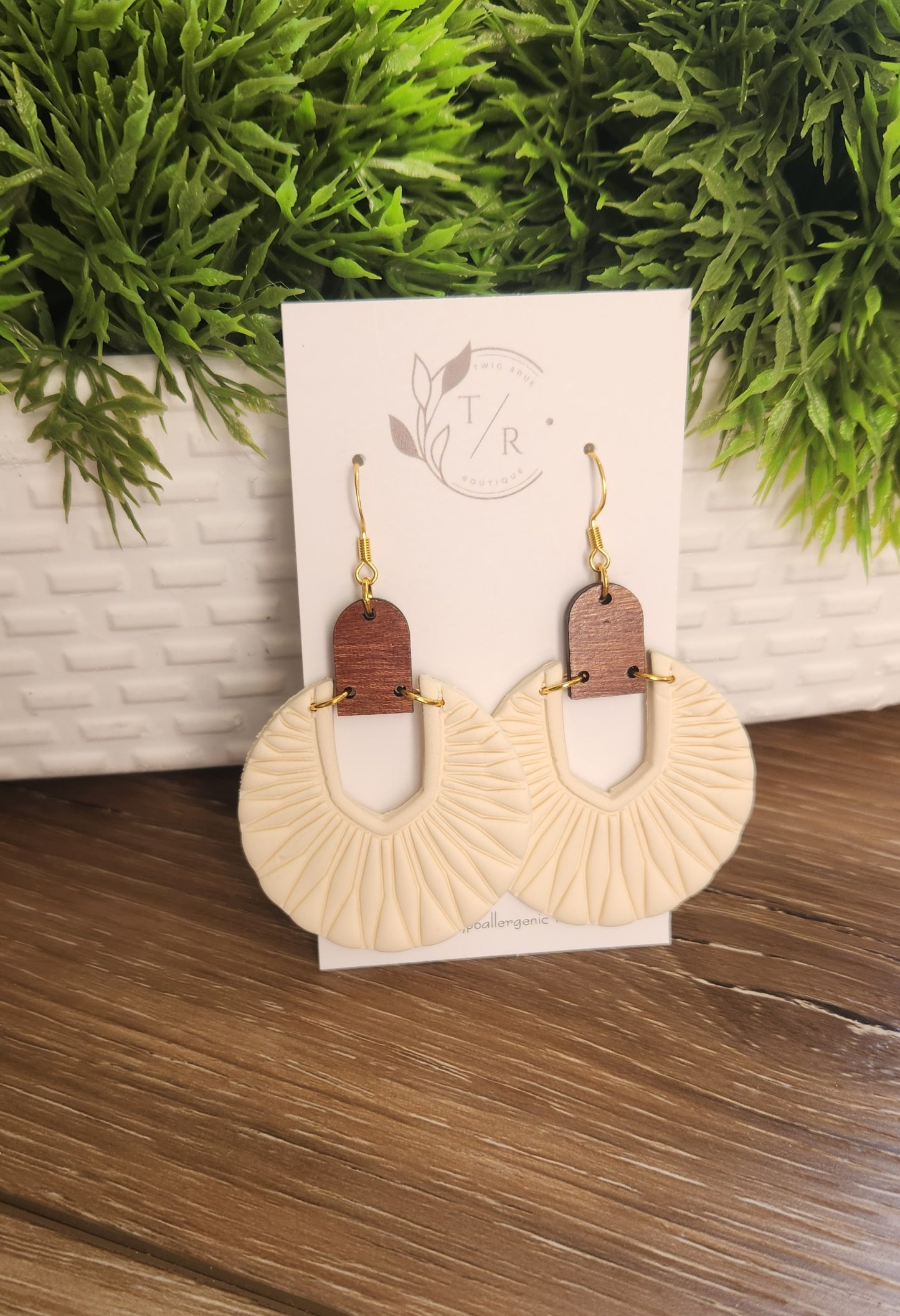 Luna|  Embossed Clay & Wood statement earring