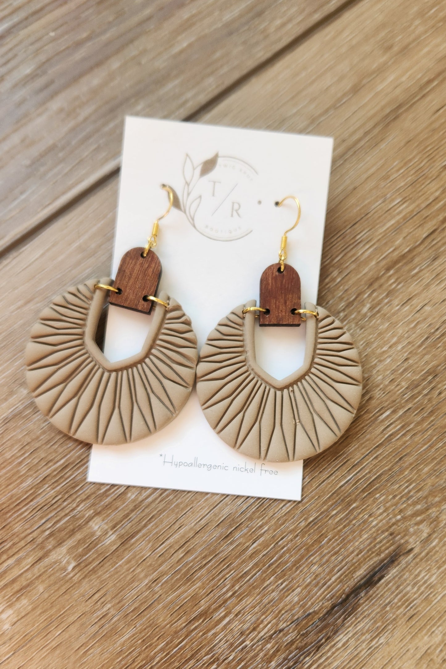 Luna|  Embossed Clay & Wood statement earring