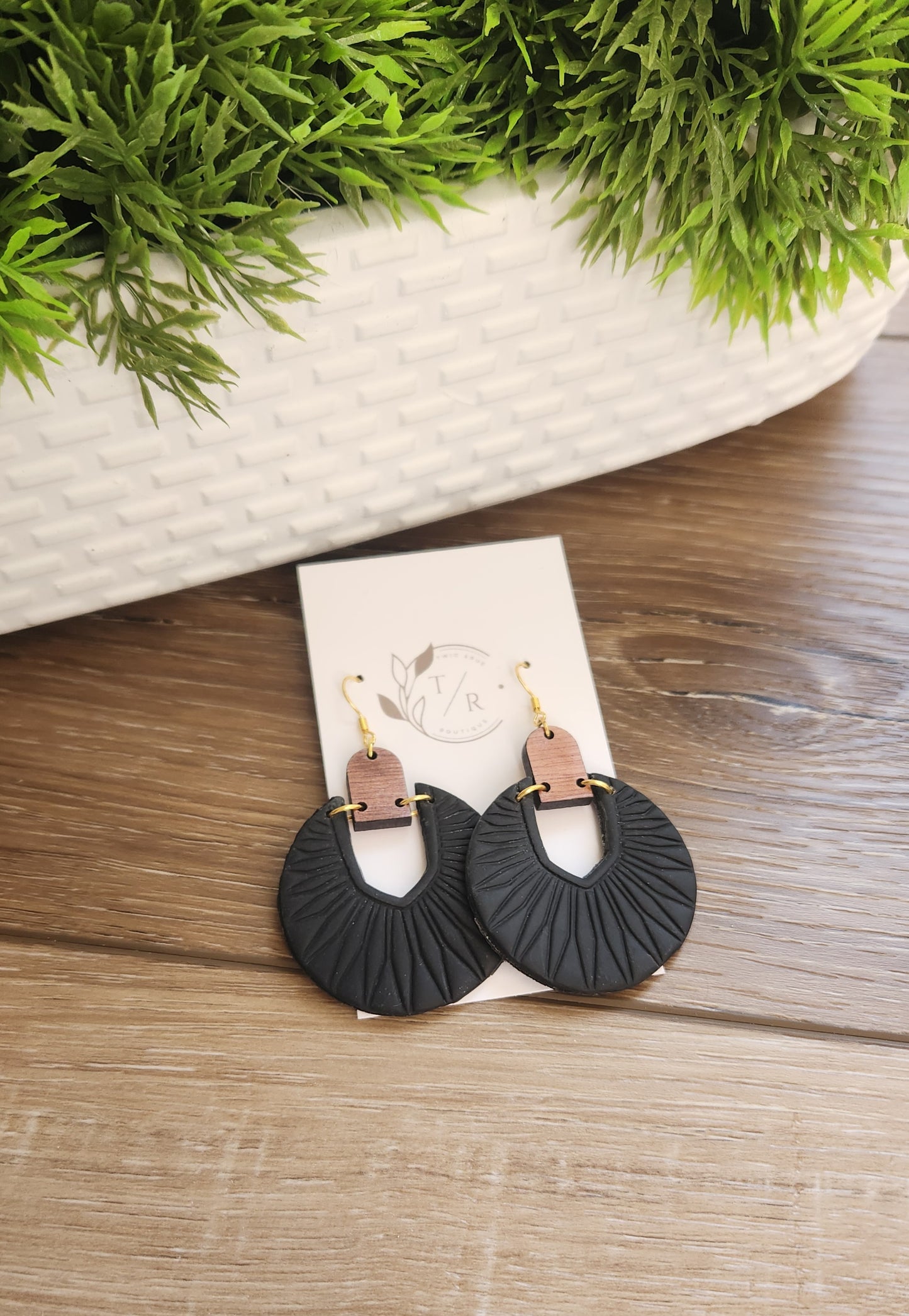 Luna|  Embossed Clay & Wood statement earring