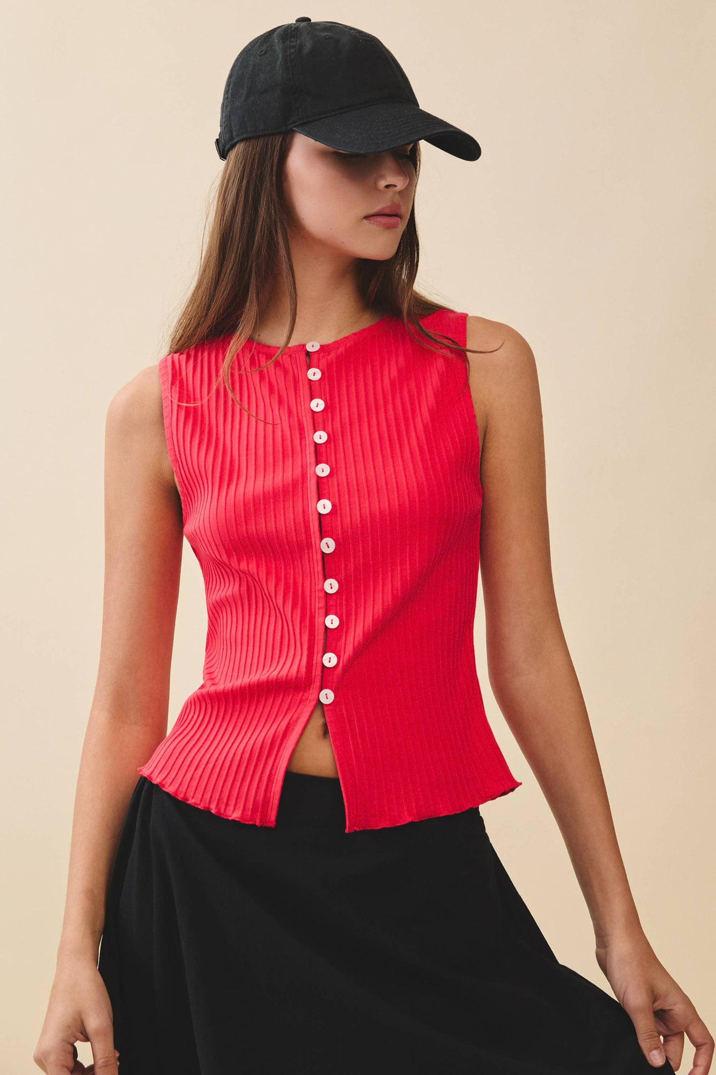 Ribbed Button Front Tank Top