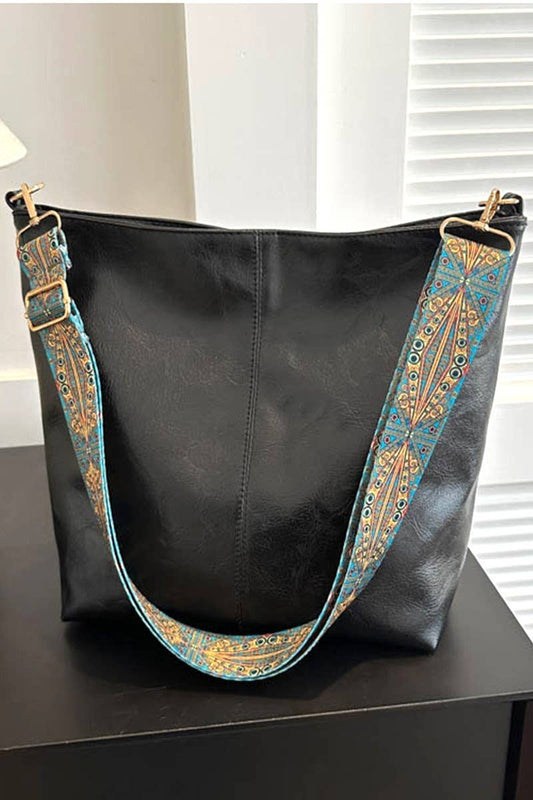 Retro Pattern Strap Vegan Leather Crossbody Shoulder in Black