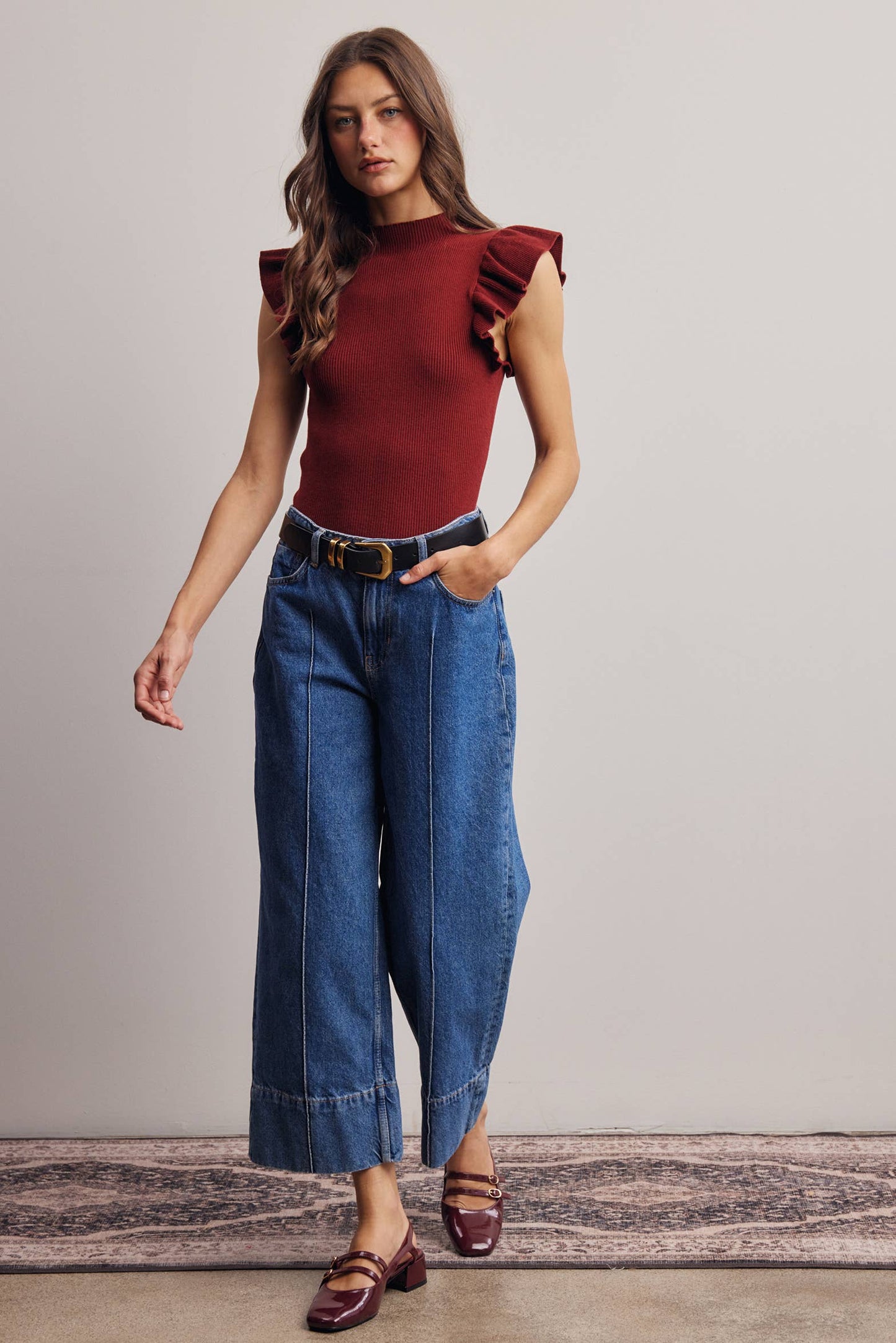 Ruffle Sleeve Rib Knit Top