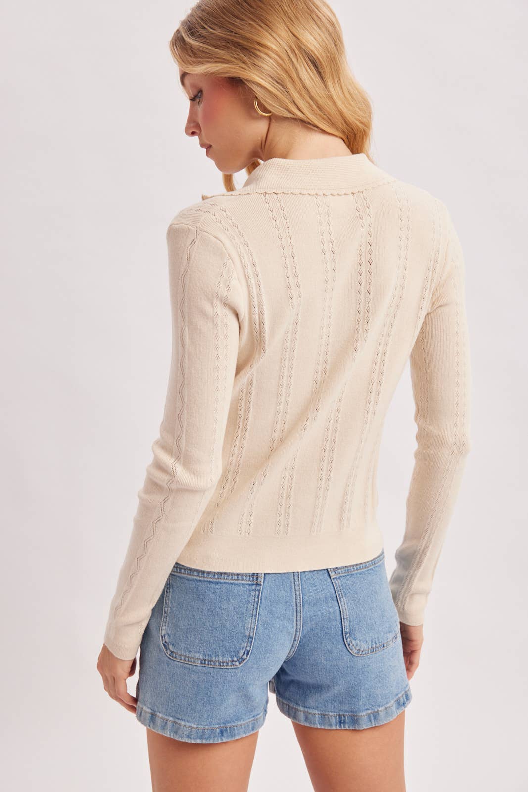 BUTTON-UP HENLEY NECK POINTELLE KNIT POLO TOP in Beige