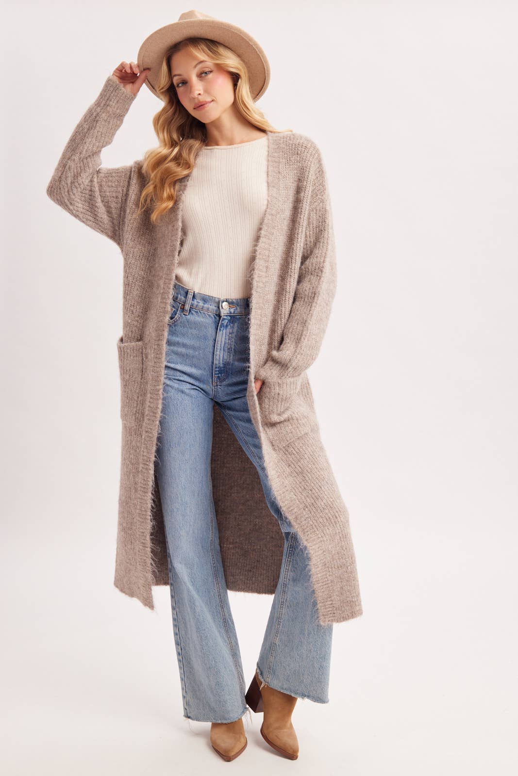OPEN FRONT LONGLINE FUZZY KNIT SWEATER CARDIGAN in Taupe