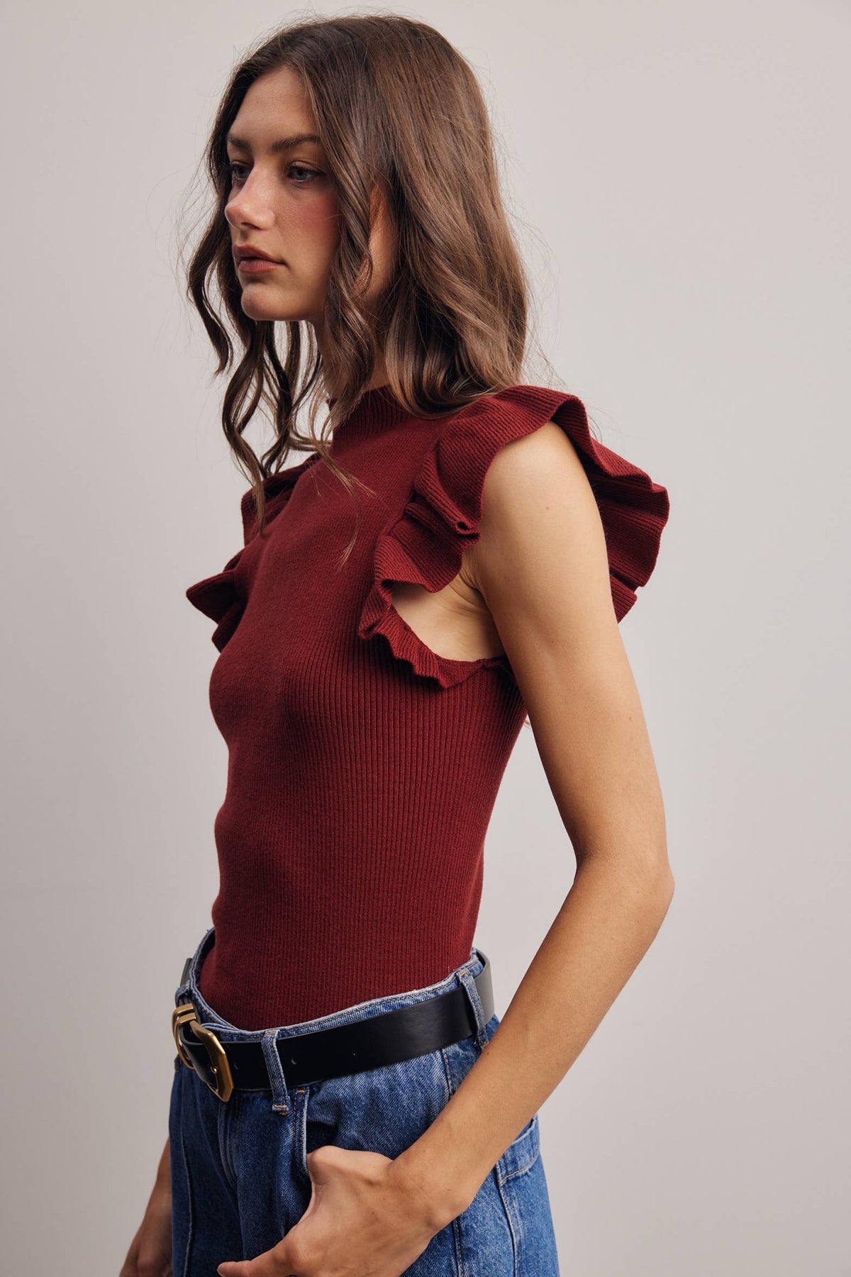 Ruffle Sleeve Rib Knit Top