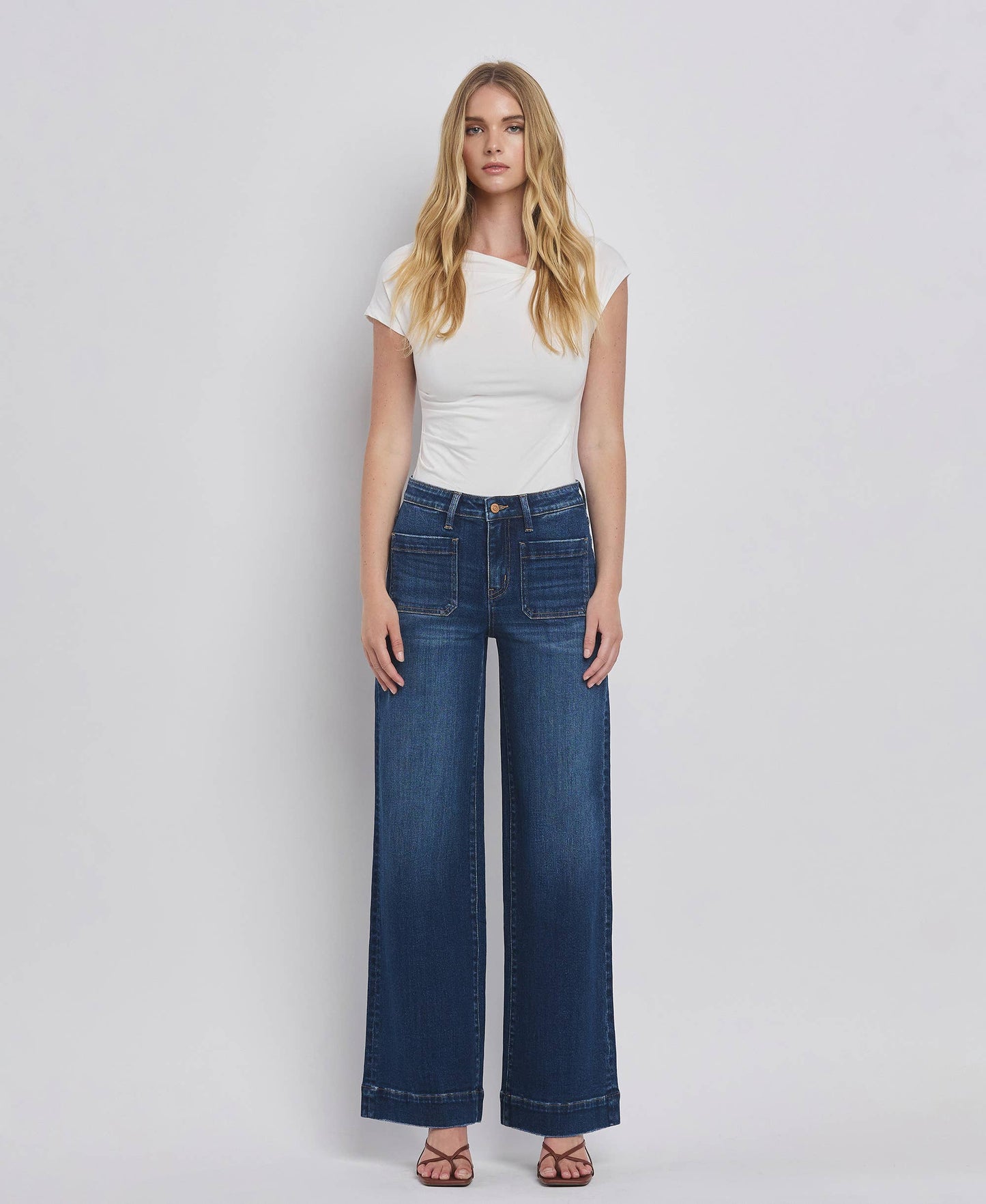 FLYING MONKEY HIGH RISE PATCH POCKET TROUSER  HEM WIDE JEANS