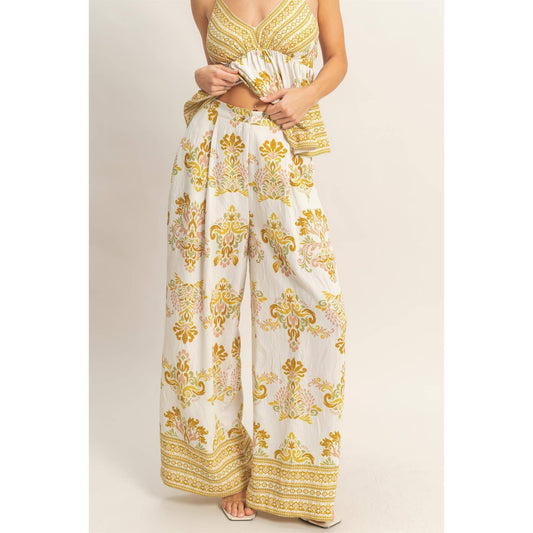 Wide-Leg Printed Palazzo Pants: MUSTARD