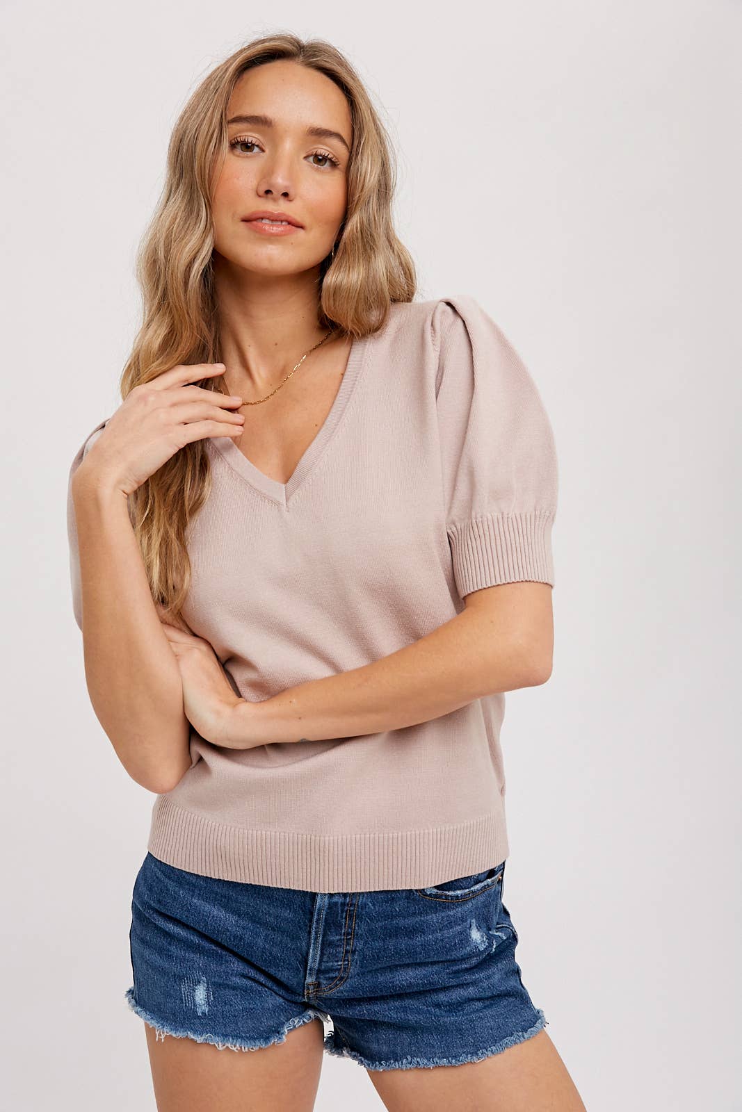 V-Neck puff sleeve lightweight sweater