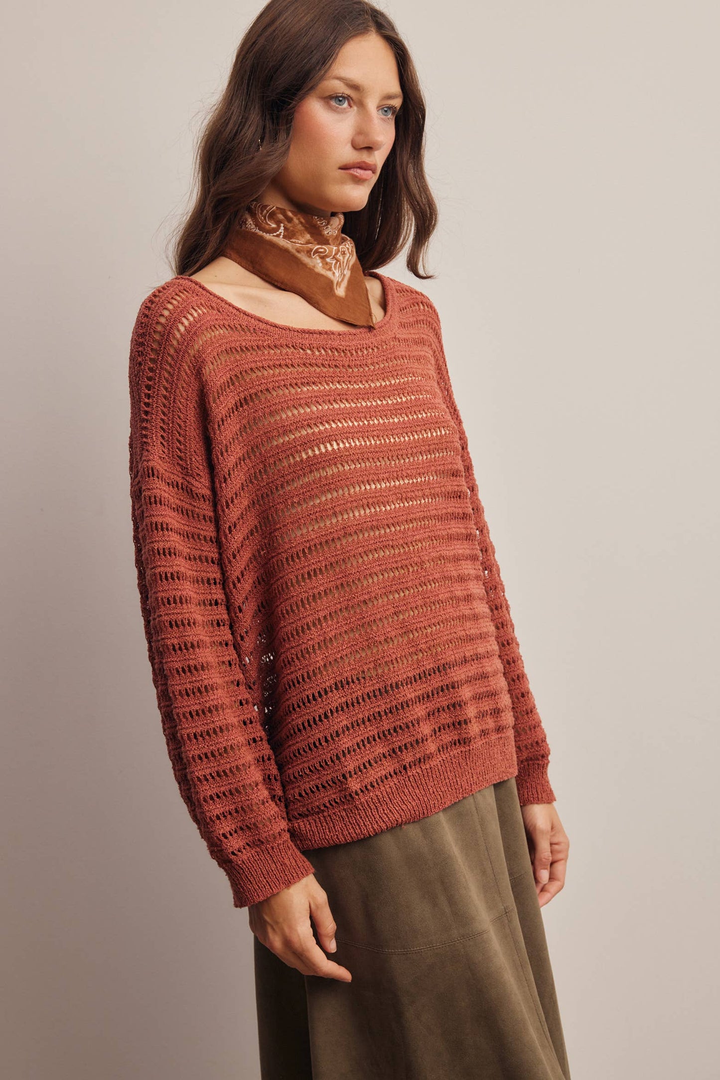 Open-Knit Stripe Sweater Top in Terracotta