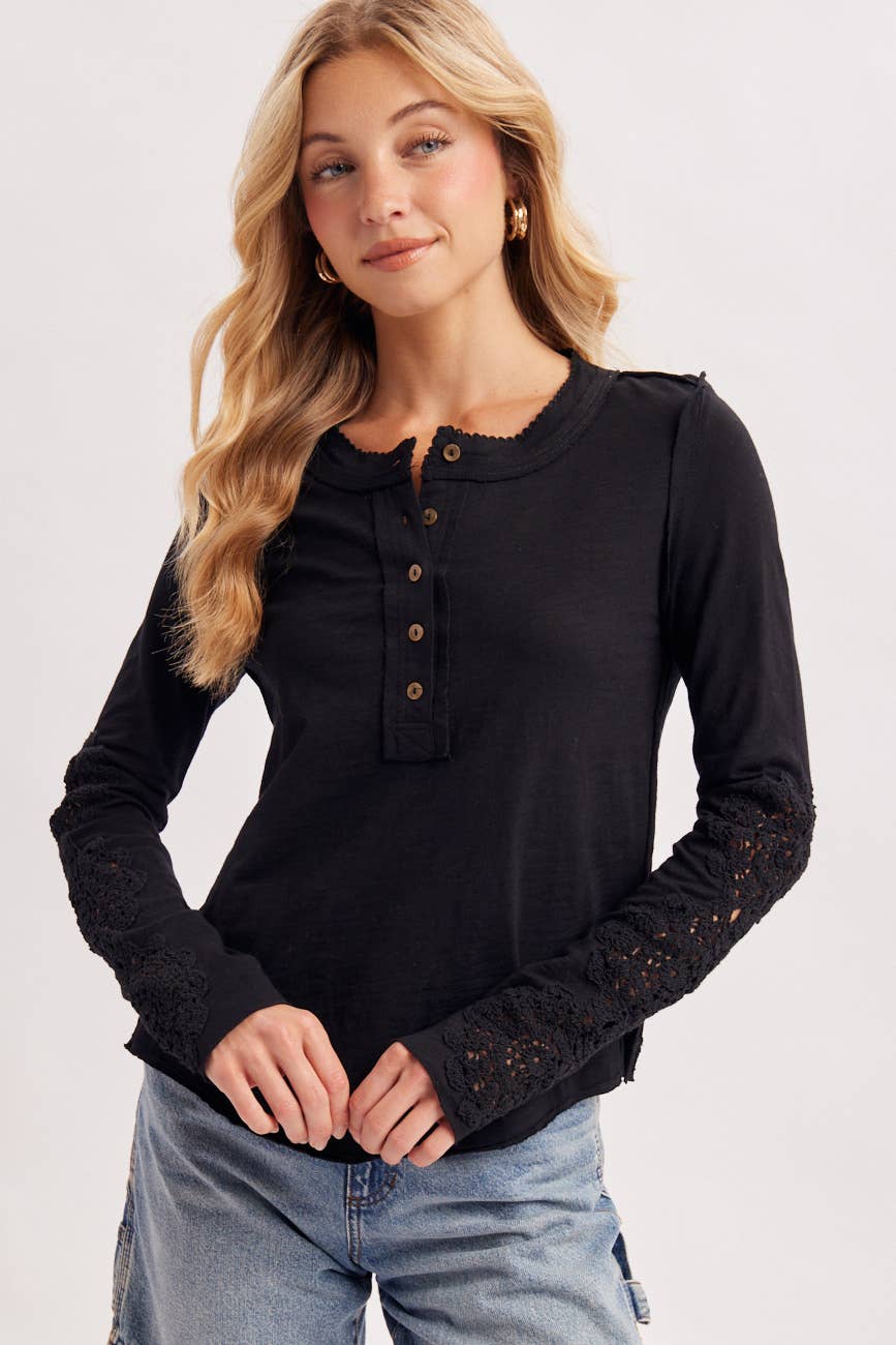 BLACK CROCHET PATCH SLEEVED HALF BUTTON ROUND NECK TOP