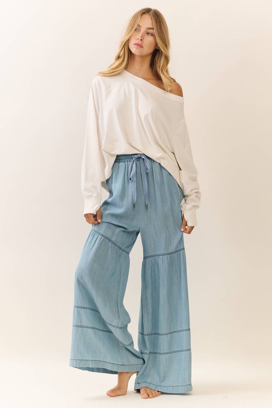 Washed Denim Tiered Wide Leg Pants