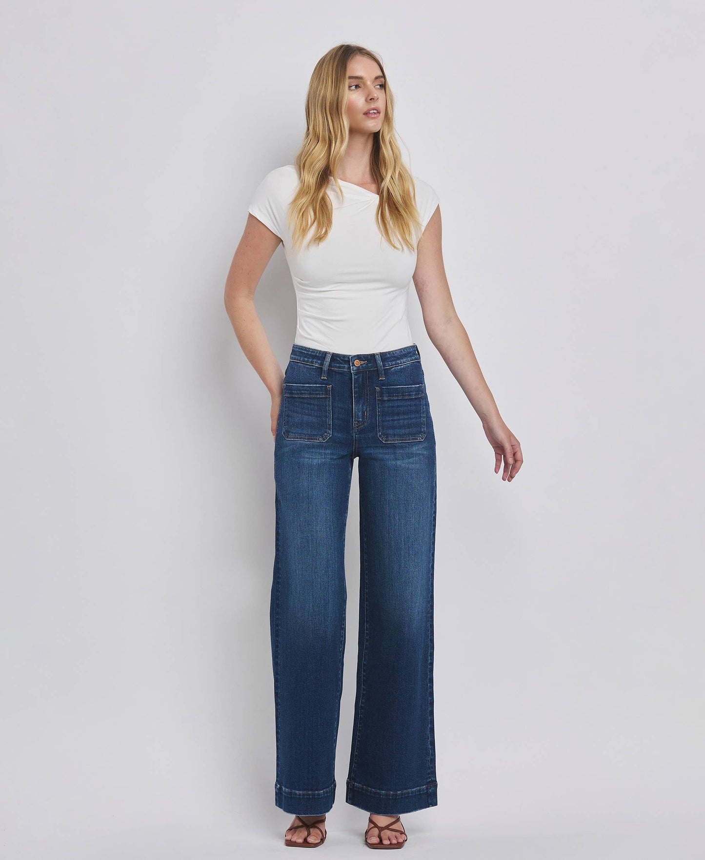 FLYING MONKEY HIGH RISE PATCH POCKET TROUSER  HEM WIDE JEANS