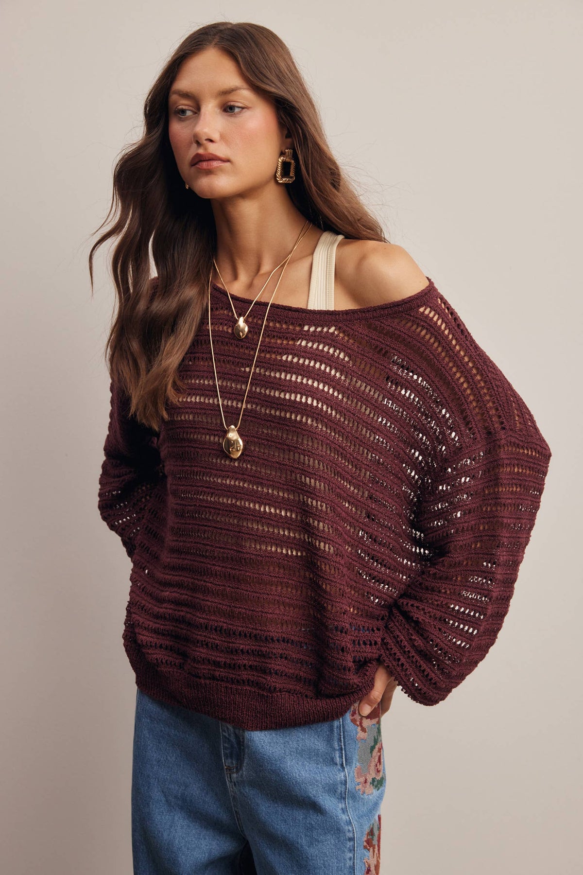 Open-Knit Stripe Sweater in Burgundy