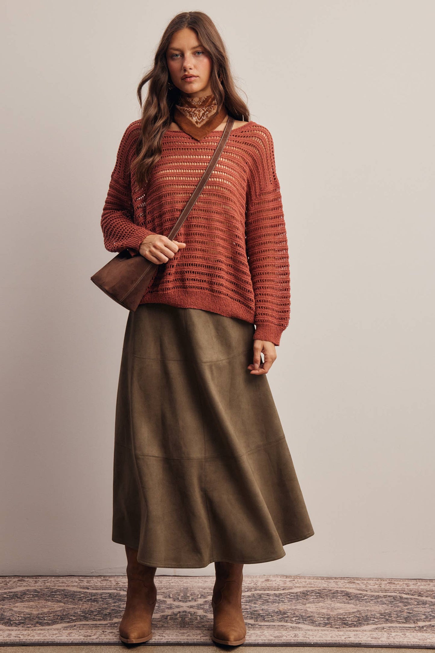 Open-Knit Stripe Sweater Top in Terracotta