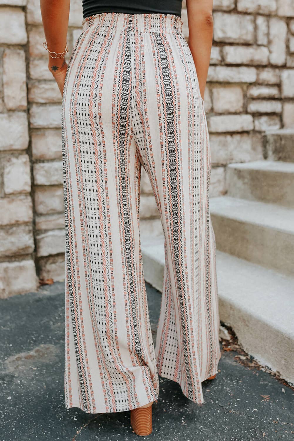 Geometric Shirred Wide Leg Pants