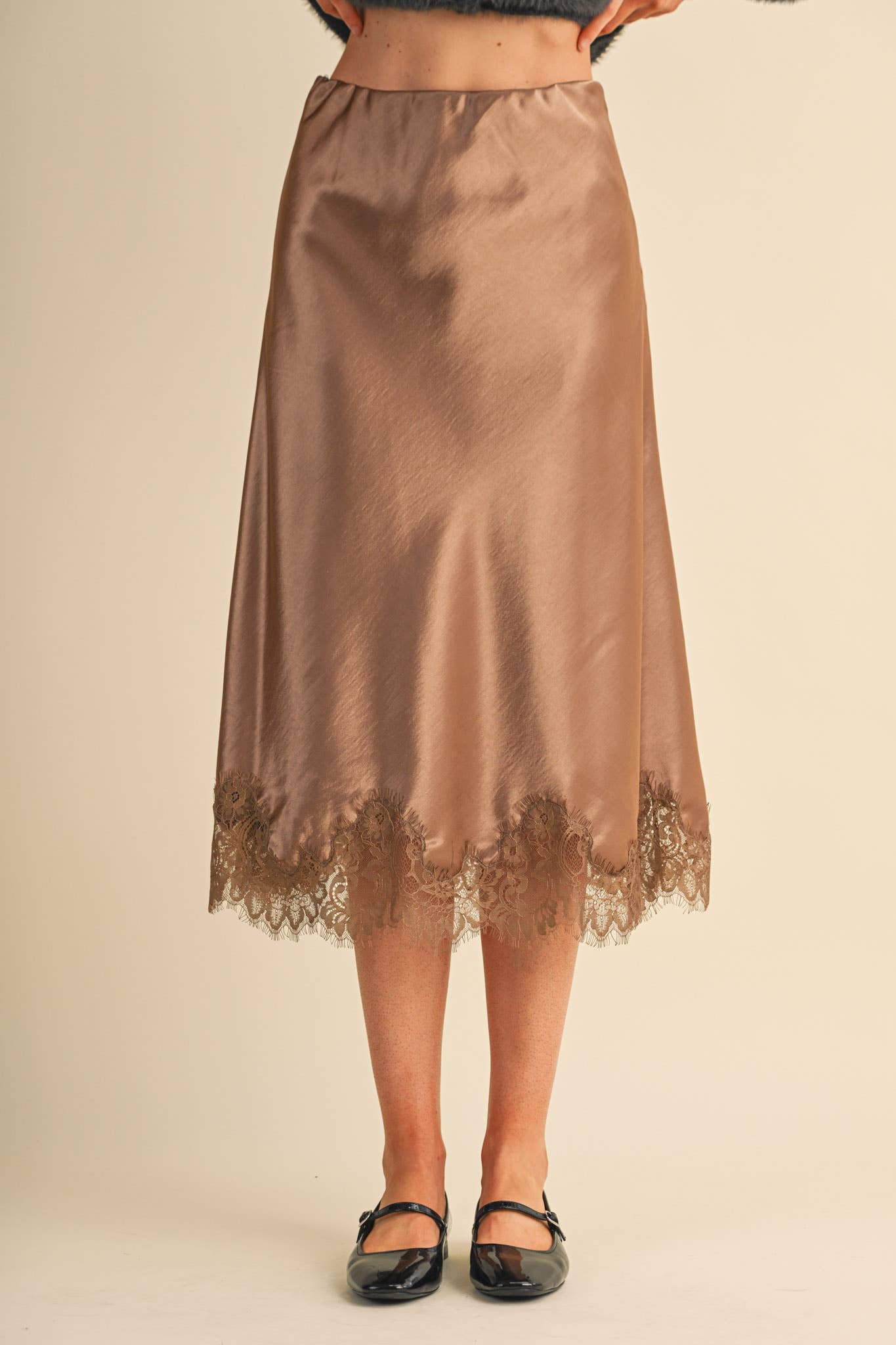 SATIN MIDI SLIP SKIRT WITH LACE HEM