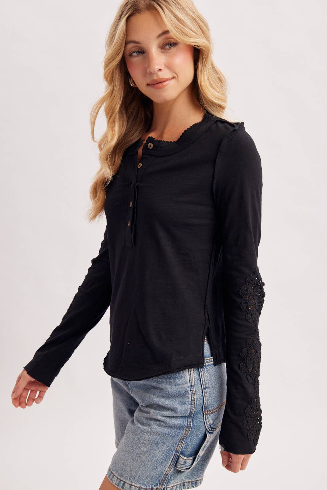 BLACK CROCHET PATCH SLEEVED HALF BUTTON ROUND NECK TOP